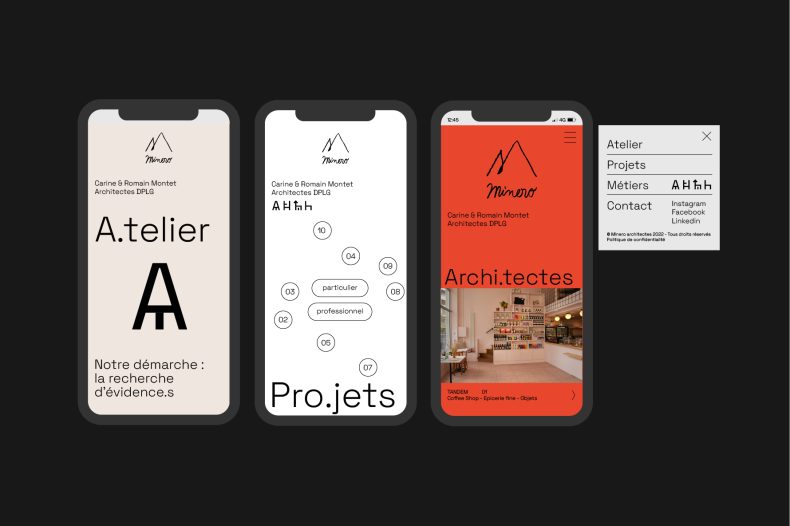 Identité visuelle web UX / UI photographies d'espaces pictogrammes pour Minero Architectes